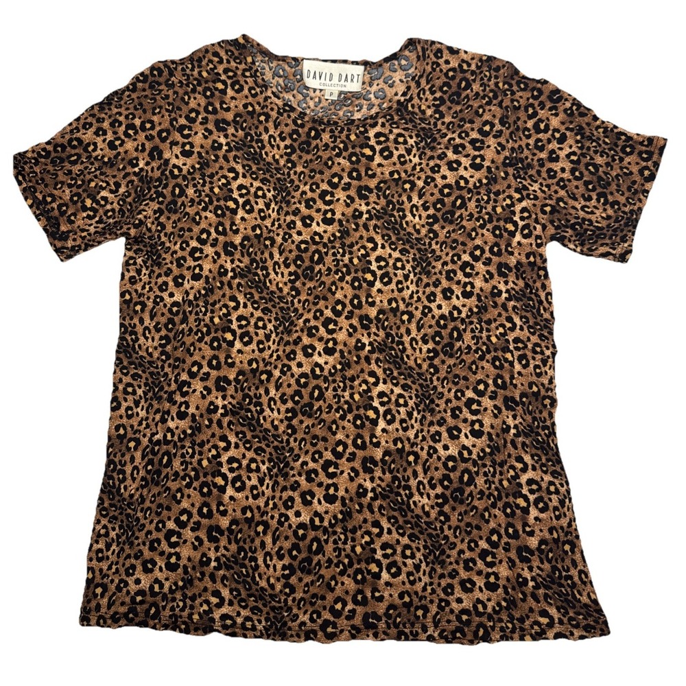 David Dart Collection Womens Petite Leopard Print Short Sleeve Crew Neck Tee Top